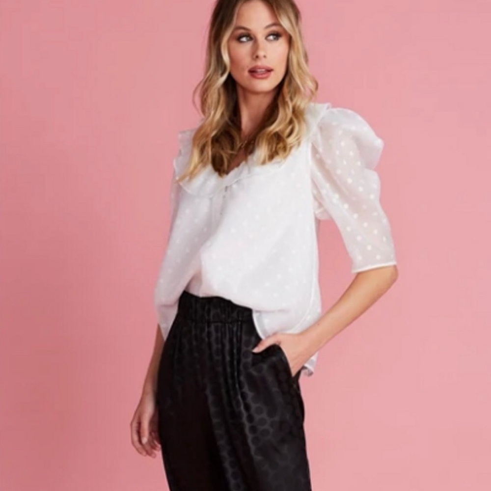 Crosby by Mollie Burch Medium White Polka Dot Puff Sleeve Blouse. Iris Top.
